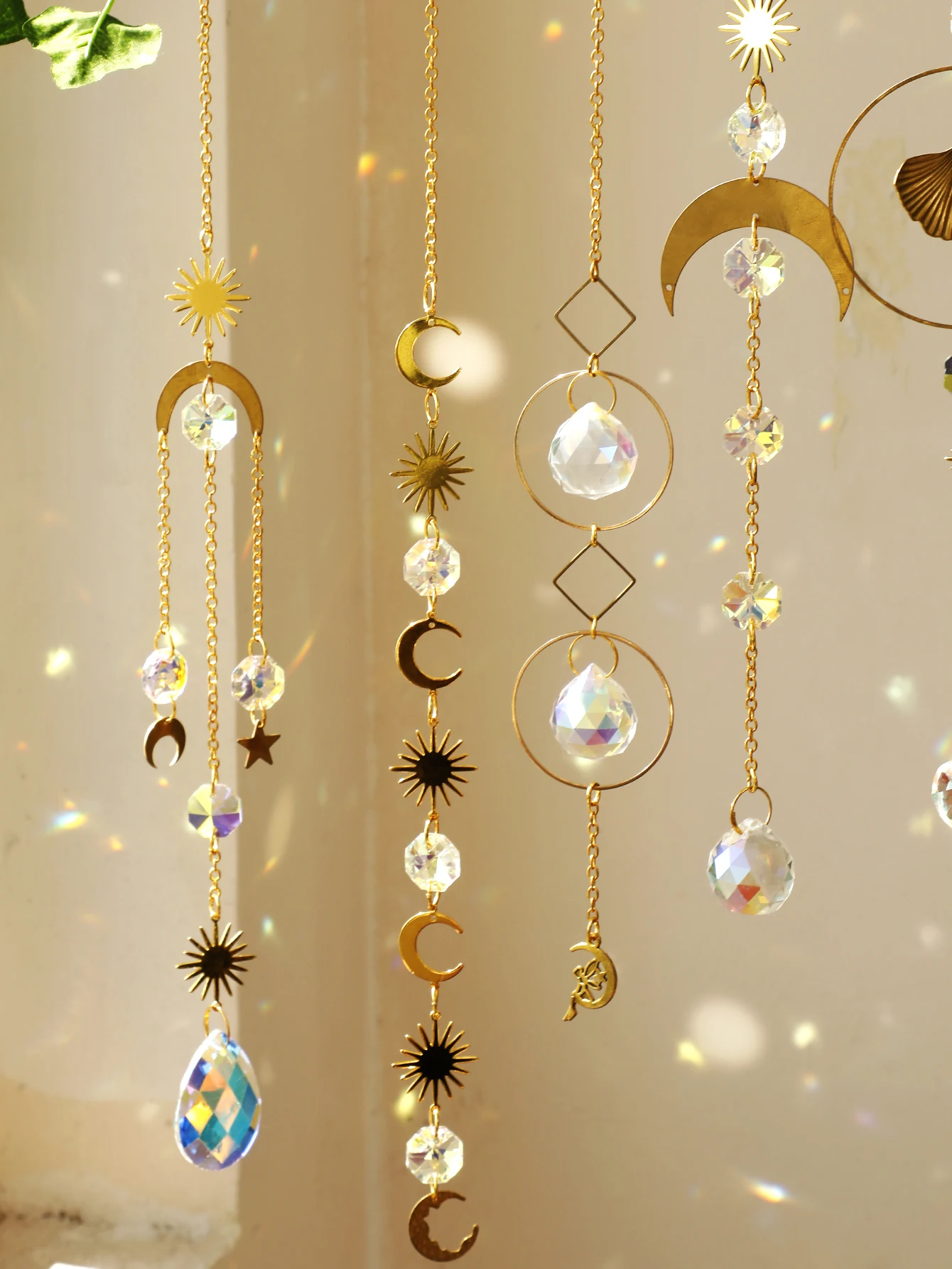 Sun Moon Crystal Suncatcher Rainbow Maker Stained Glass Beaded Sun Catcher Window Hanging Ornament Wind Chimes Yard Garden Decor