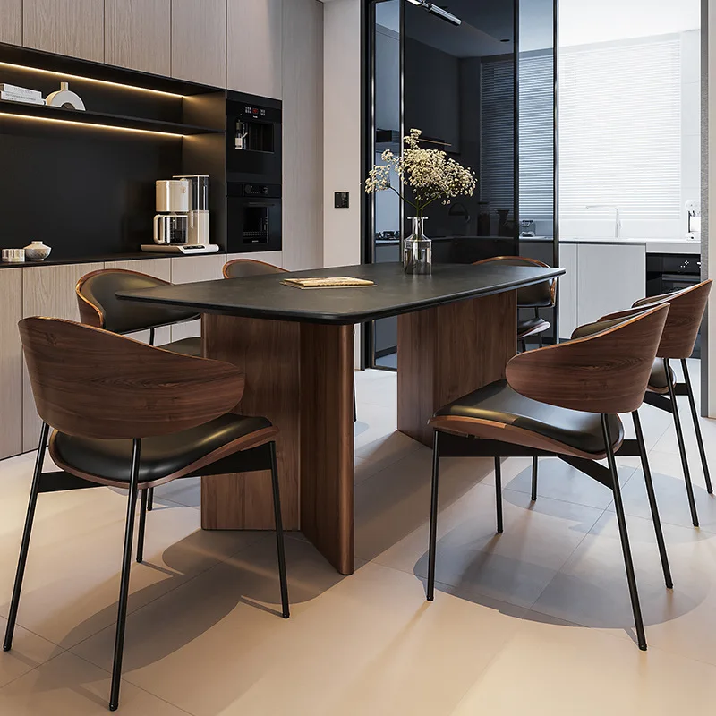 

Black walnut solid wood medieval dining table and chair combination, modern simple rectangular small apartment rock slab dining