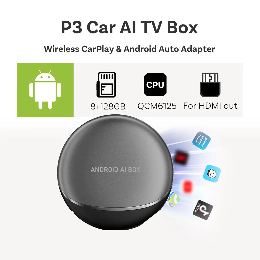 

P3 Carplay TV Ai Multimedia Box 128GB ROM Portable Wireless Android Auto Car Play for Netflix Youtube Support HDMI Output Newest