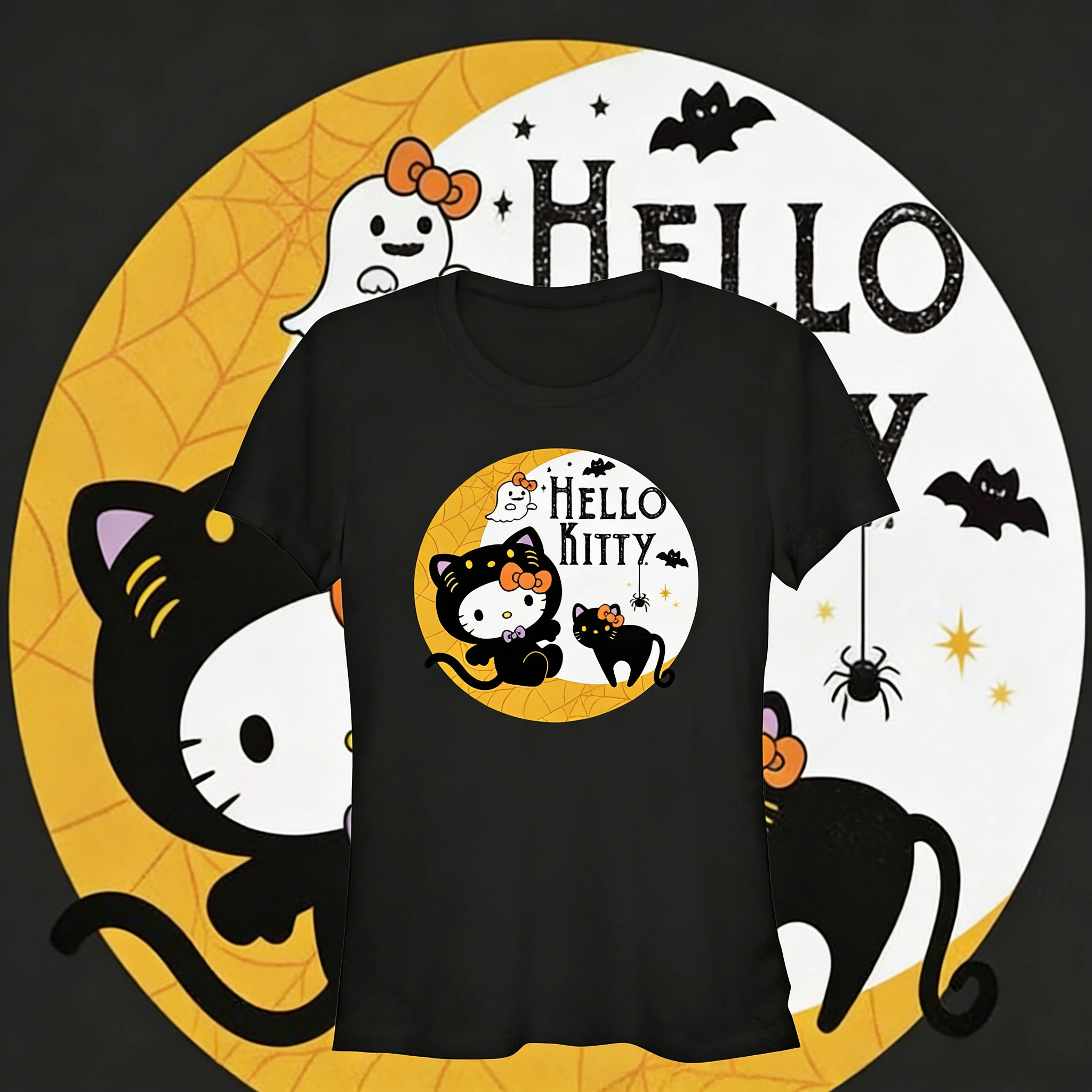 

Летняя футболка оверсайз 2026 года с принтом Hello Kitty и черной кошкой на Хэллоуин, 100% хлопок, для взрослых и детей, в стиле Y2K