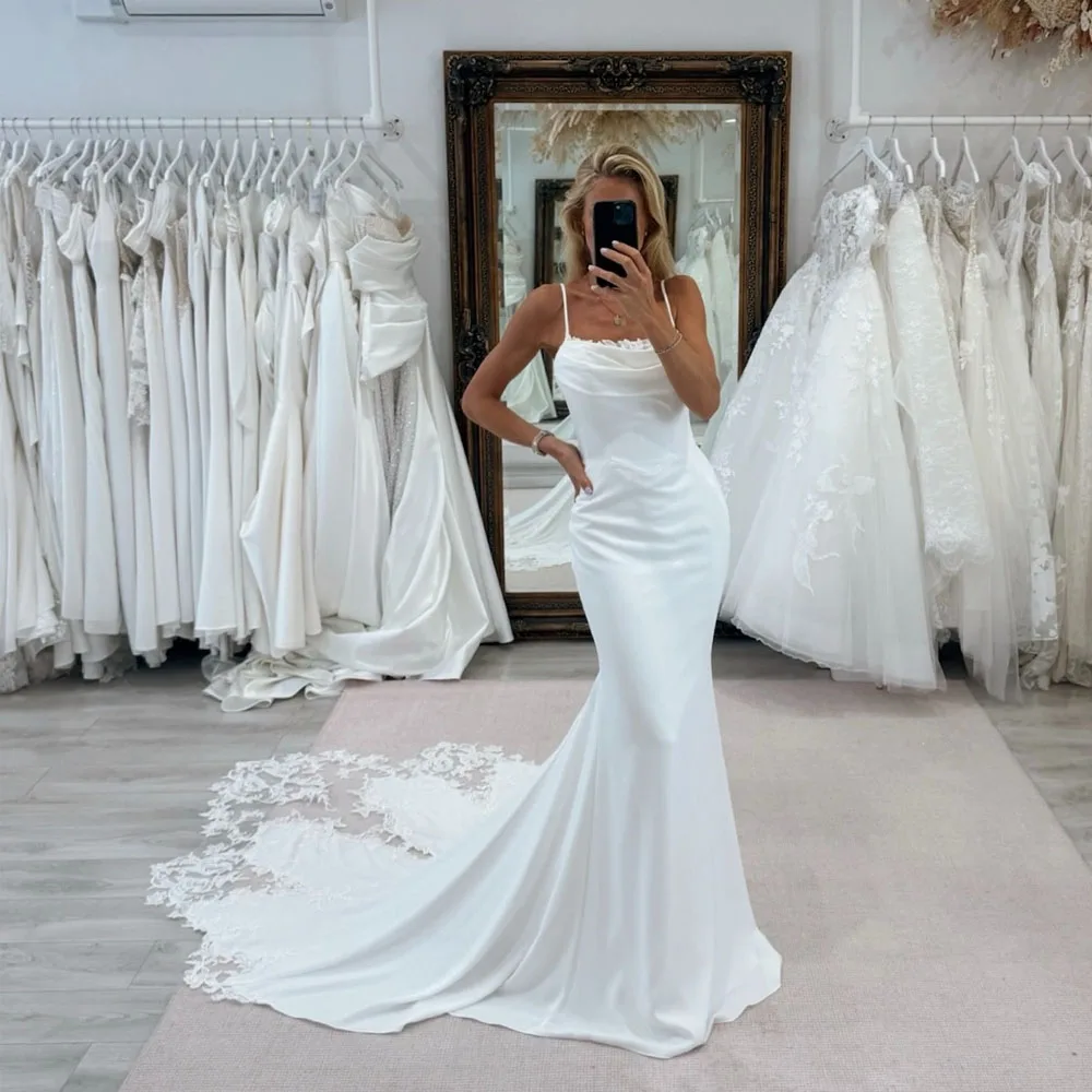 

Lace Wedding Dresses 2026 Applique Spaghetti Straps Mermaid Elegant Bride Gowns Backless Satin Robe De Mariée Customized