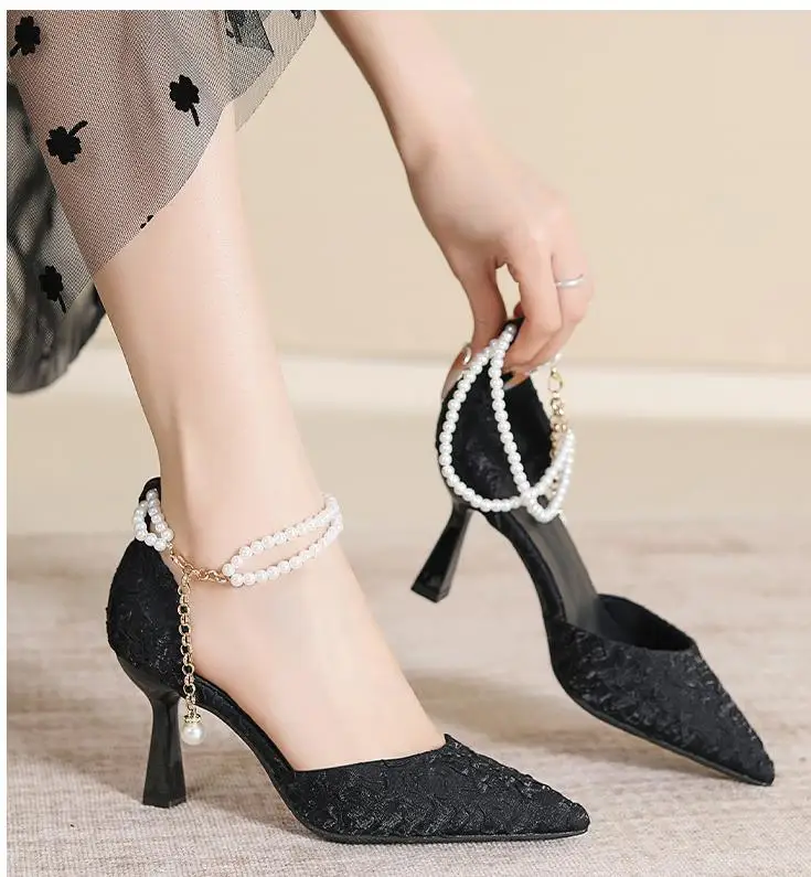 Size 30-44 Point Toe Hollow High Heel Shoes Solid Color Apricot Pearls Ankle Strap Black Shoes For Women