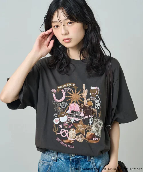 Sanrio Hello Kitty Women T Shirt Dark Gray Short Sleeve Western Style Collage Print Cotton Oversized Casual Tees
