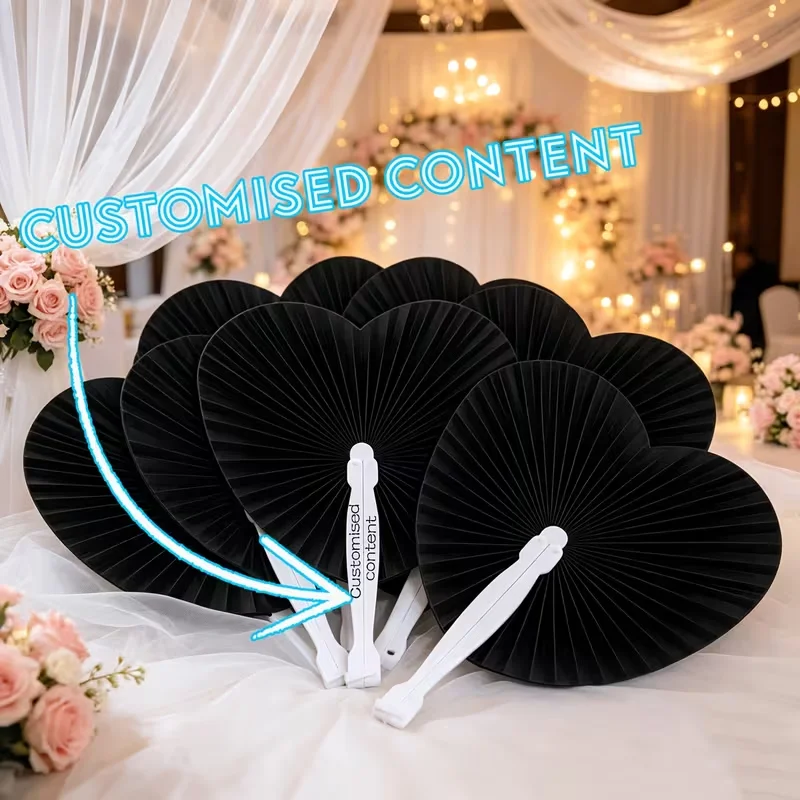 10Pcs/30Pcs/50Pcs/70Pcs Customizable Black Heart-Shaped Pleated Hand Fans, a Great Choice for Gifting to Guests. These Reusable Folding Paper Fans Are Perfect for Bridal Showers and Birthday Parties, Serving as Portabl