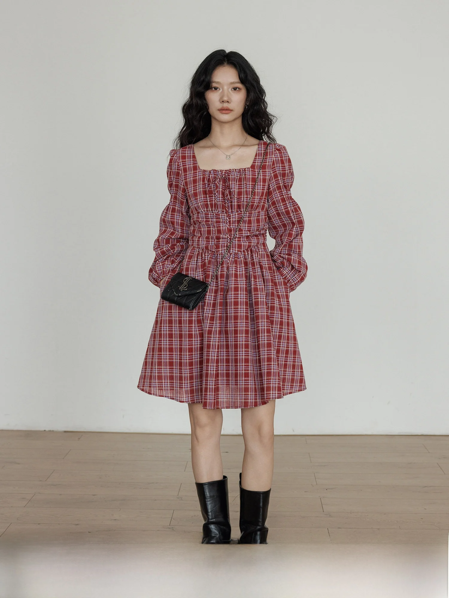 

Sweet Commute Plaid Shirt Dress Women's Casual Waist-Cinching Long Sleeve A-Line Dress Polyester Cotton Blend City Commu...