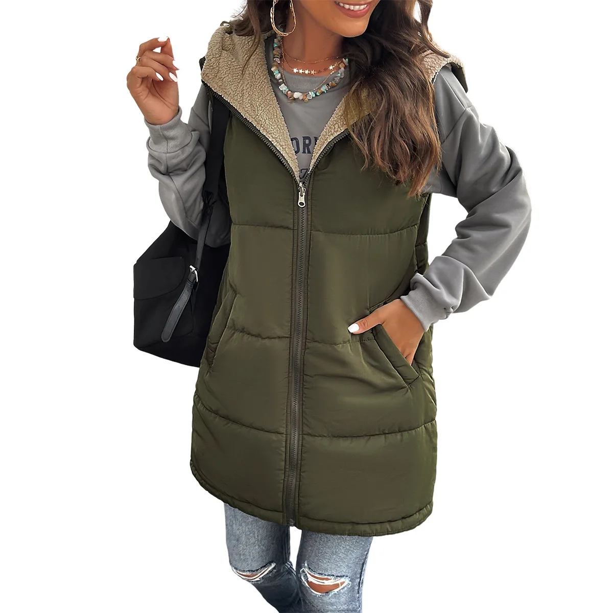 Hochwertige beliebte Baumwoll jacke Frauen lose pendelnde mittellange Kapuze ärmellose Baumwoll jacke Weste Vestido Mäntel