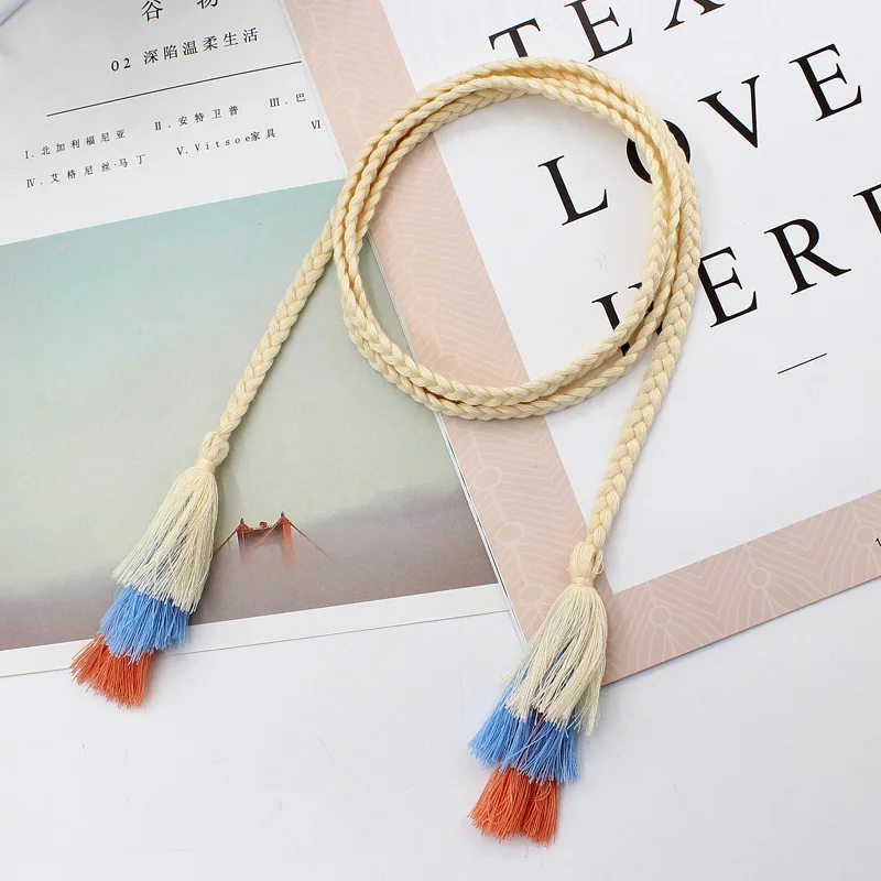 Korean fashion cotton thread decorative dress with knotted waist chain women's woven tassel waist rope Female Coat Accessories