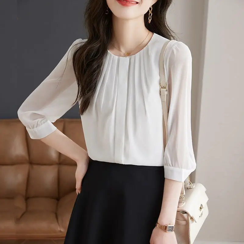 Casual White Pleated Blouse Women Classic Transparent 3/4 Sleeve O-collar Temperament All-mathc Chiffon Pullover Shirt 2023