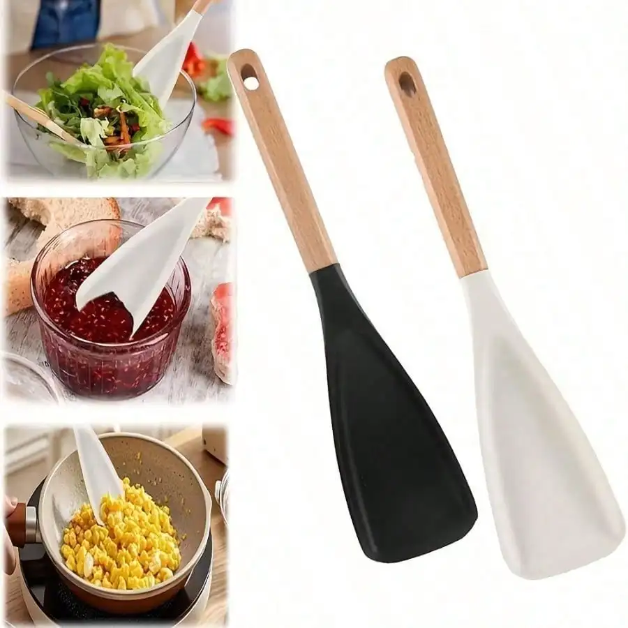 

Silicone Salad Spatula with Black Wooden Handle 1 Piece Kitchen Utensil Extended Handle High Temp Resistant for Mixing Salads Stir Frying Eggs & More