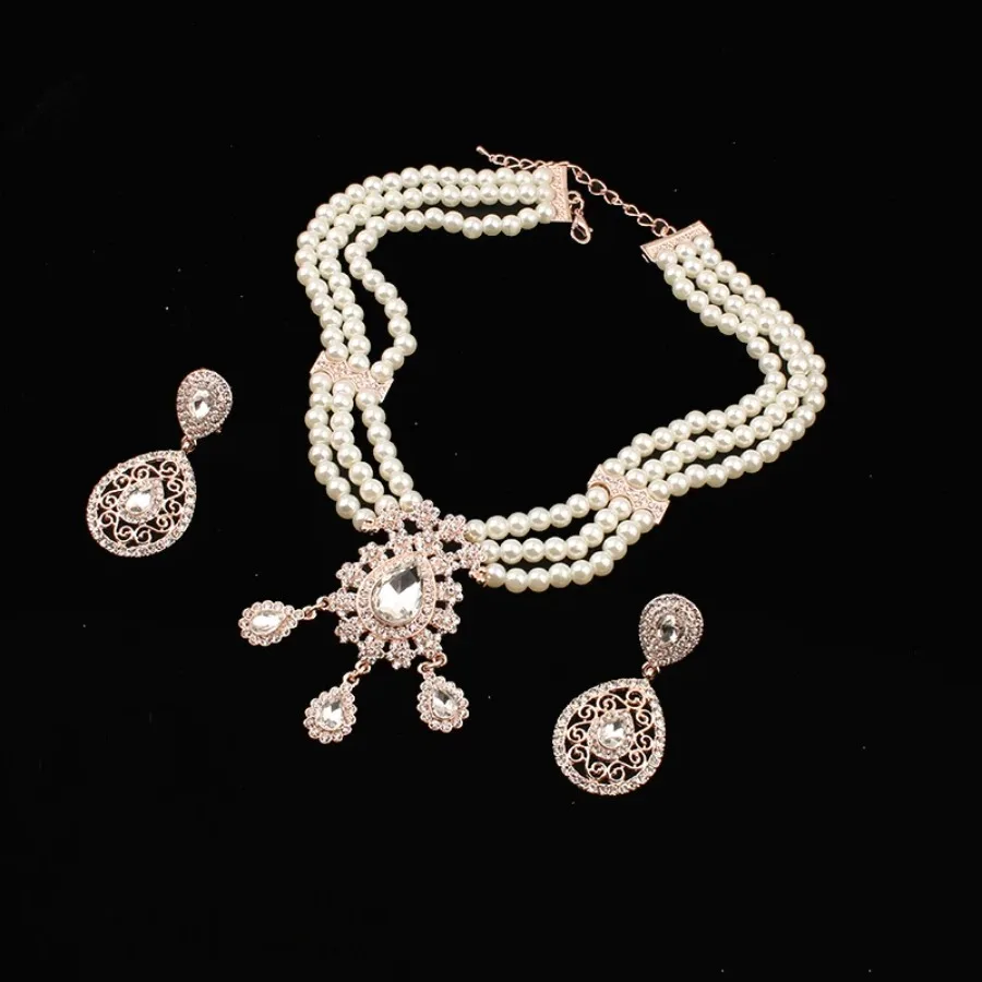 Algerian Wedding Jewelry Set for Women Pearl Necklace Choker Crystal Pendant Earrings Luxury Dubai Jewelry Elegant Sets Fashion