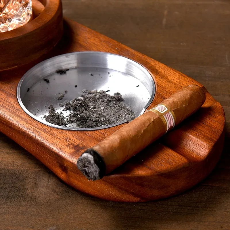 2-In-1 Creative Wooden Whiskey Wine Glass Holder Cigar Ashtray Desk Wood Cup For Bar Home Kitchen Office Decoration Cool Gadget