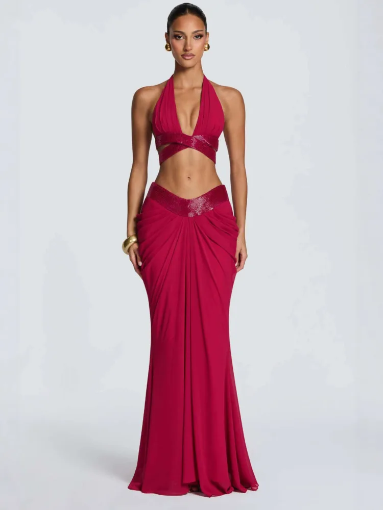 Articat Sexy Off-shoulder Halter Top  Exposed Waist Stylish Pleated Long Skirt Two-piece Set Women Solid Color Party Beachwear