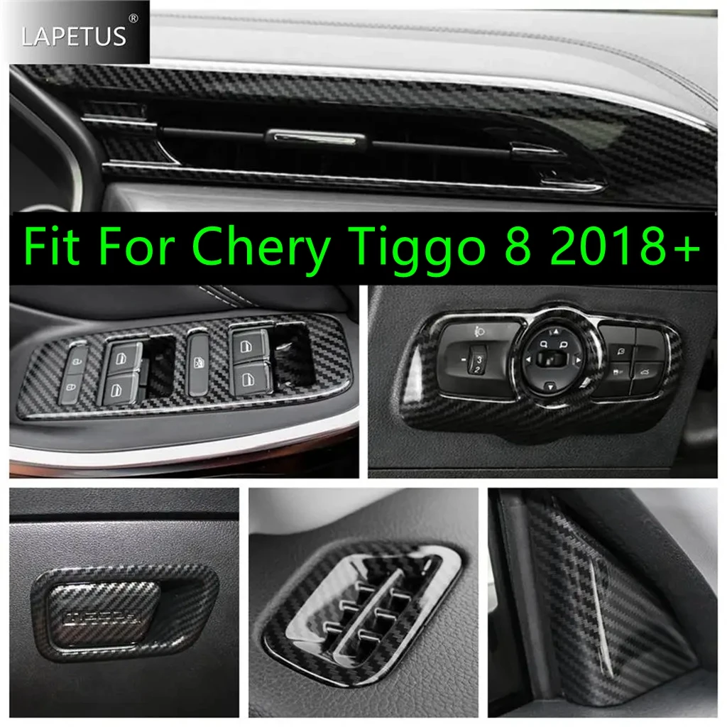 Carbon Fiber Car Air Vent / Pillar A / Window Lift Button / Head Light Switch Accessories Cover Trim For Chery Tiggo 8 2018-2020