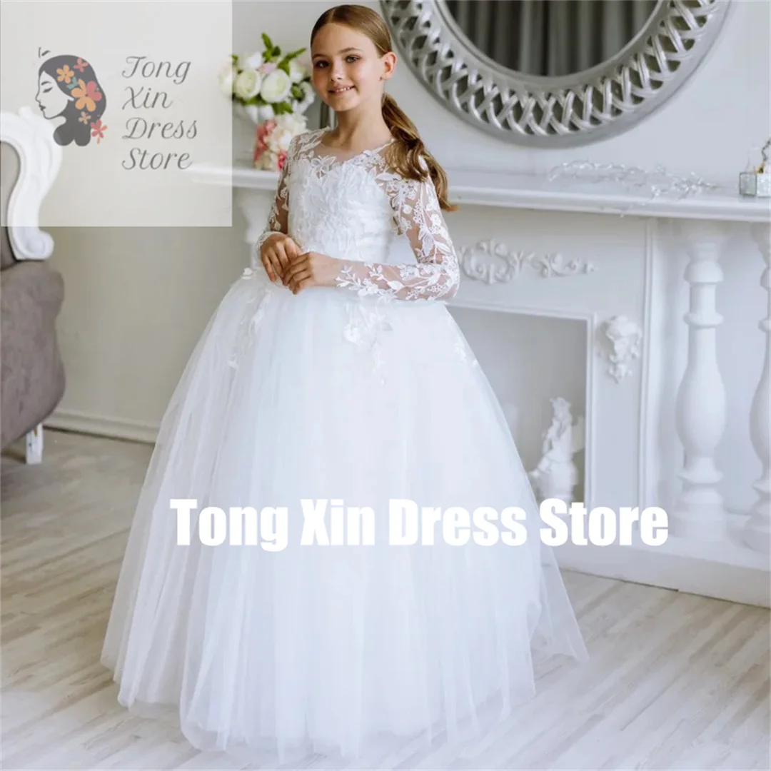 Vestidos florais personalizados para meninas, apliques de renda de tule branco com laço e manga comprida para festa de aniversário de casamento, vestidos de primeira comunhão