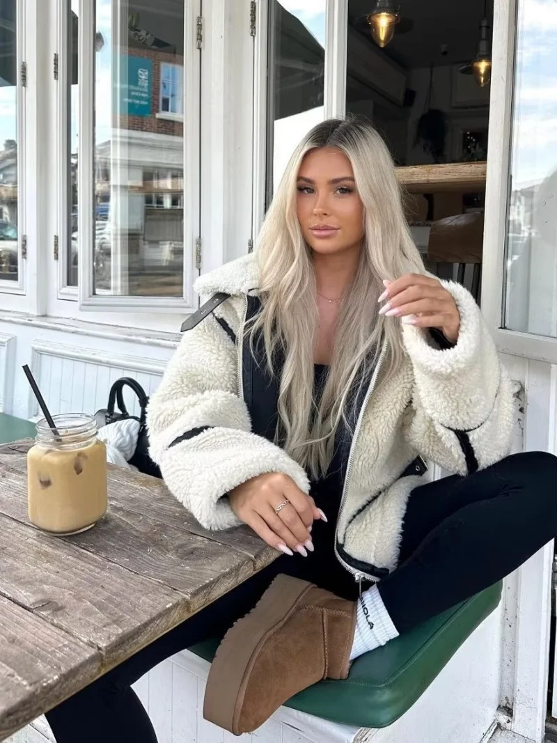 Warm Teddy Bear Cream Cheese Street Style Jacket Lamb Fur Lined Loose Outerwear Thickened Winter Coat for Women view 5