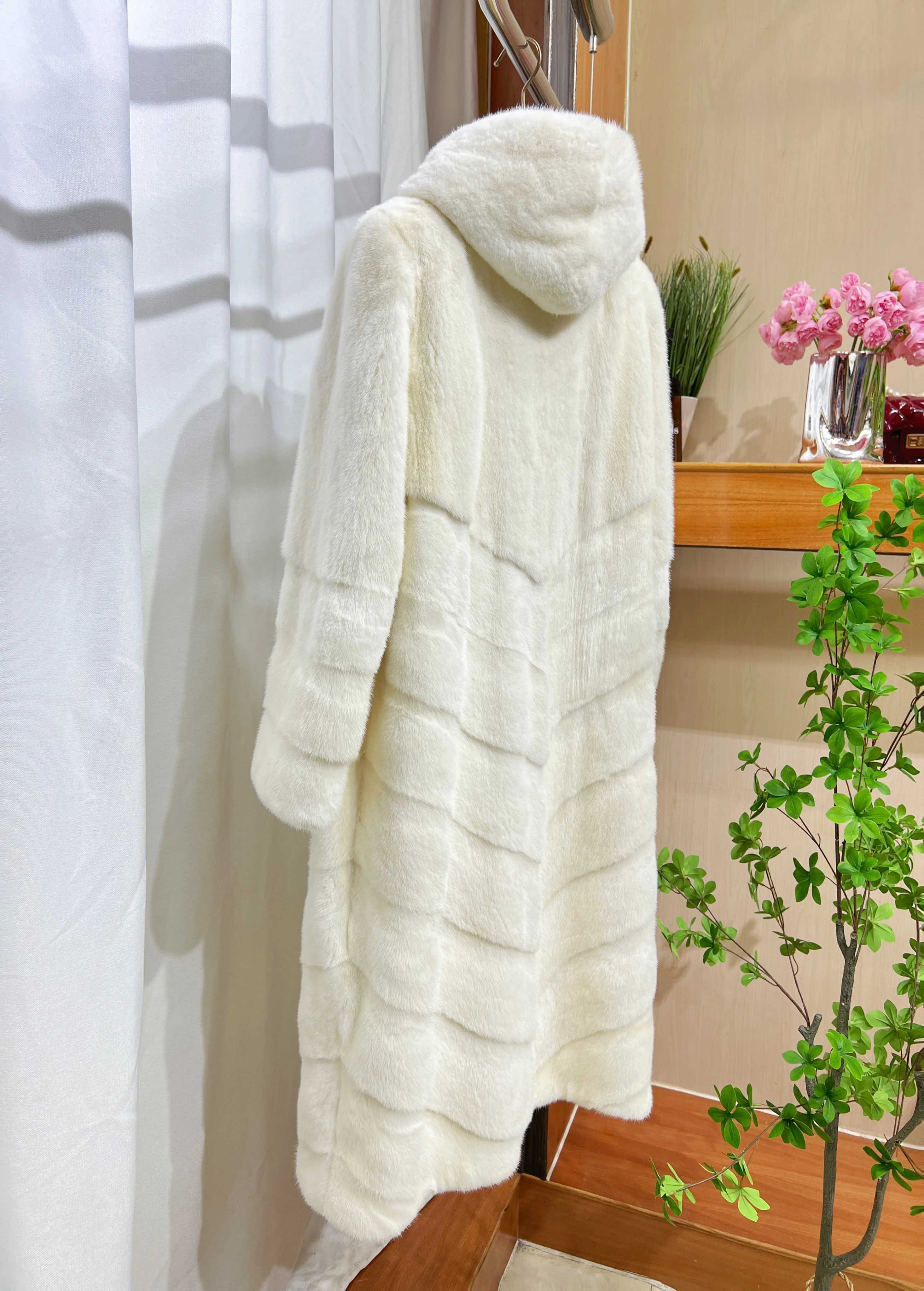 100% 순수 밍크 퍼 재킷 여성 고급 화이트 롱 리얼 퍼 코트 후드付き 2025 고품질 겨울 여성 의류