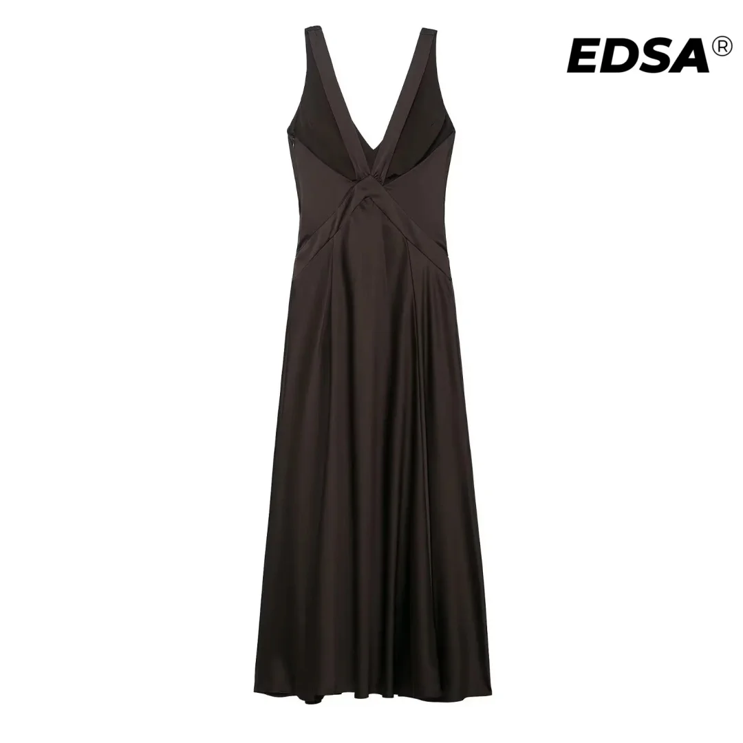 فستان EDSA نسائي من الساتان متوسط الطول بخصر عالٍ مع أشرطة واسعة فساتين طويلة بدون ظهر لقضاء العطلات النسائية