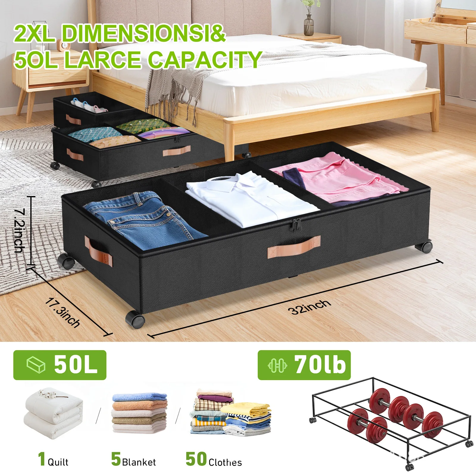 Wheeled Underbed Shoe Clothing Storage Box Flat Bedroom Organizer Cover Space Saving Bed Bottom