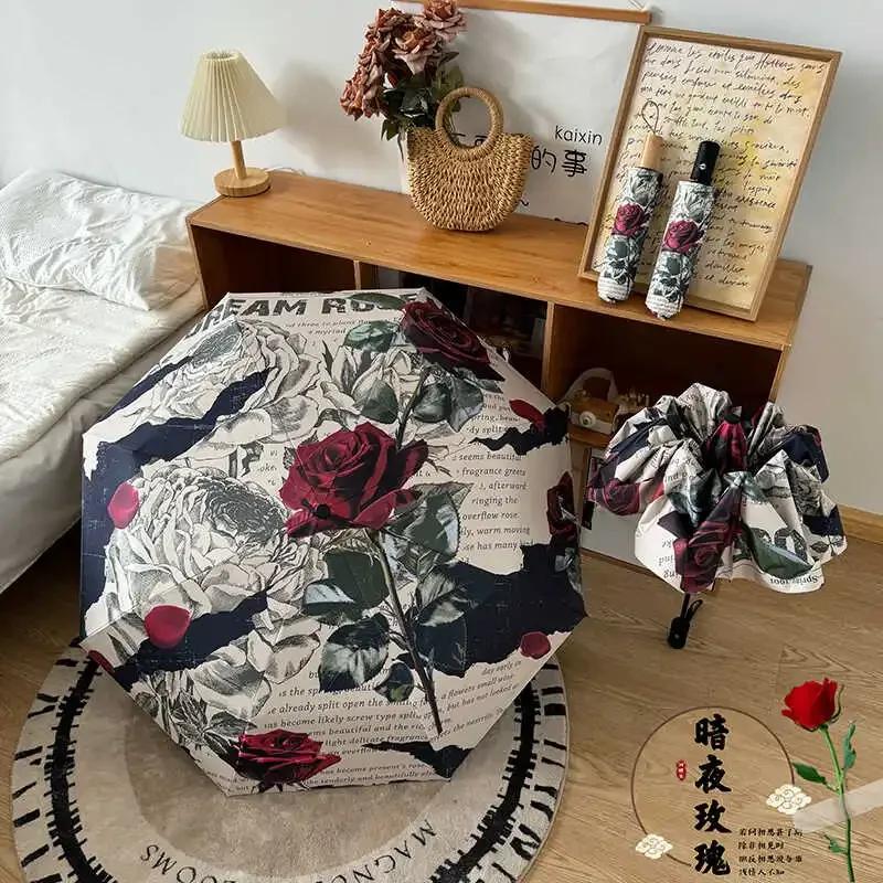 

Ins ретро-Зонт от ветра и дождя женский зонт с розами полностью автоматический складной зонт от солнца и УФ-защиты