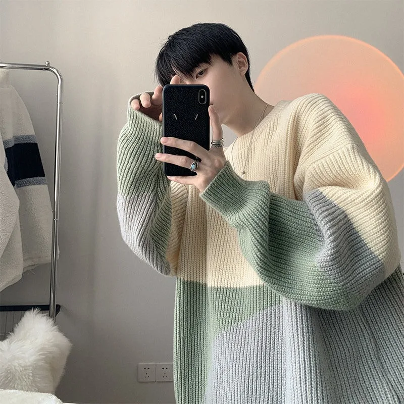 スプライシングカラーメンズニットセータークルーネックゆったり若い学生怠惰なスタイルニットウェアオリジナル原宿Y2k韓国プルオーバー男性