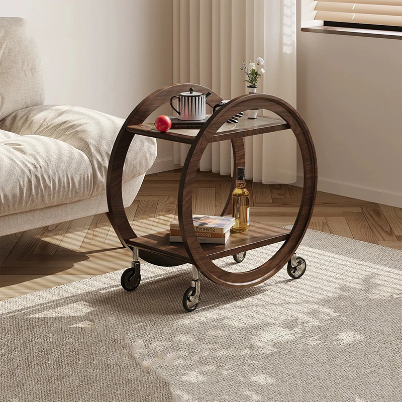 Muebles nórdicos, mesa de centro redonda de madera maciza, mesa auxiliar creativa para carrito móvil, mesa de té de 2 capas para sala de estar, escritorio de almacenamiento para el hogar