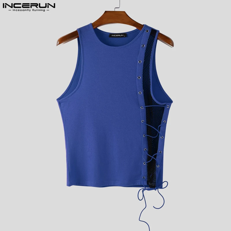 Été hommes débardeurs maille Patchwork à lacets hauts t-shirt INCERUN Sexy sans manches gilets Streetwear hauts de fête surdimensionné vêtements pour hommes