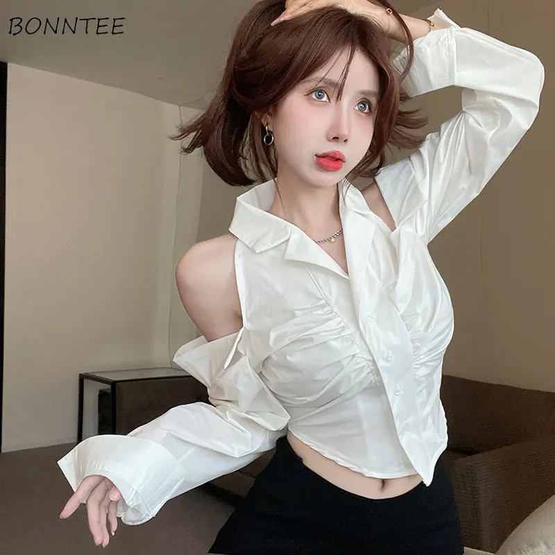 Korean Style Slim Shirts Women Cropped Leisure Sexy Office Lady Spring Summer Folds Designed Off-shoulder Chic Popular Hotsweet