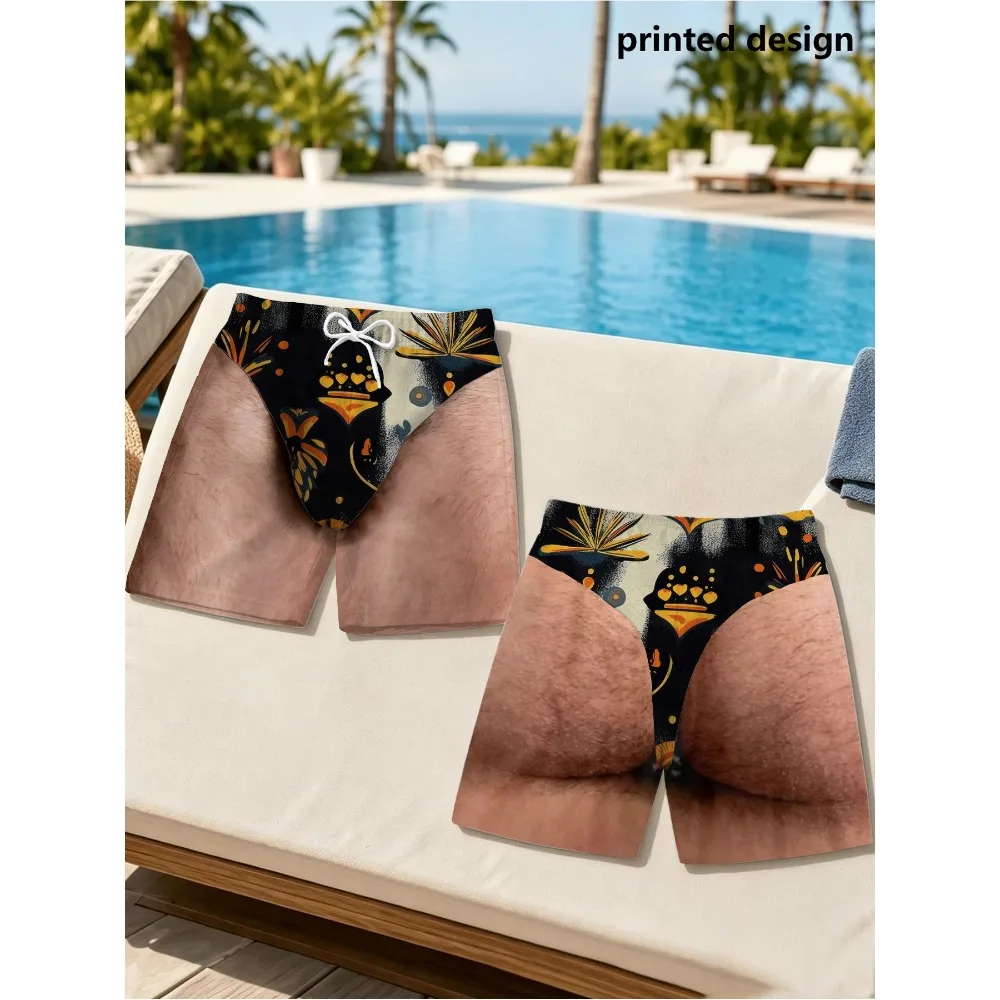 Funny Fake Butt Hairy Skin Print Men Swim Trunks Abstract Tropical Pattern Drawstring Quick Dry Beach Shorts Summer Party