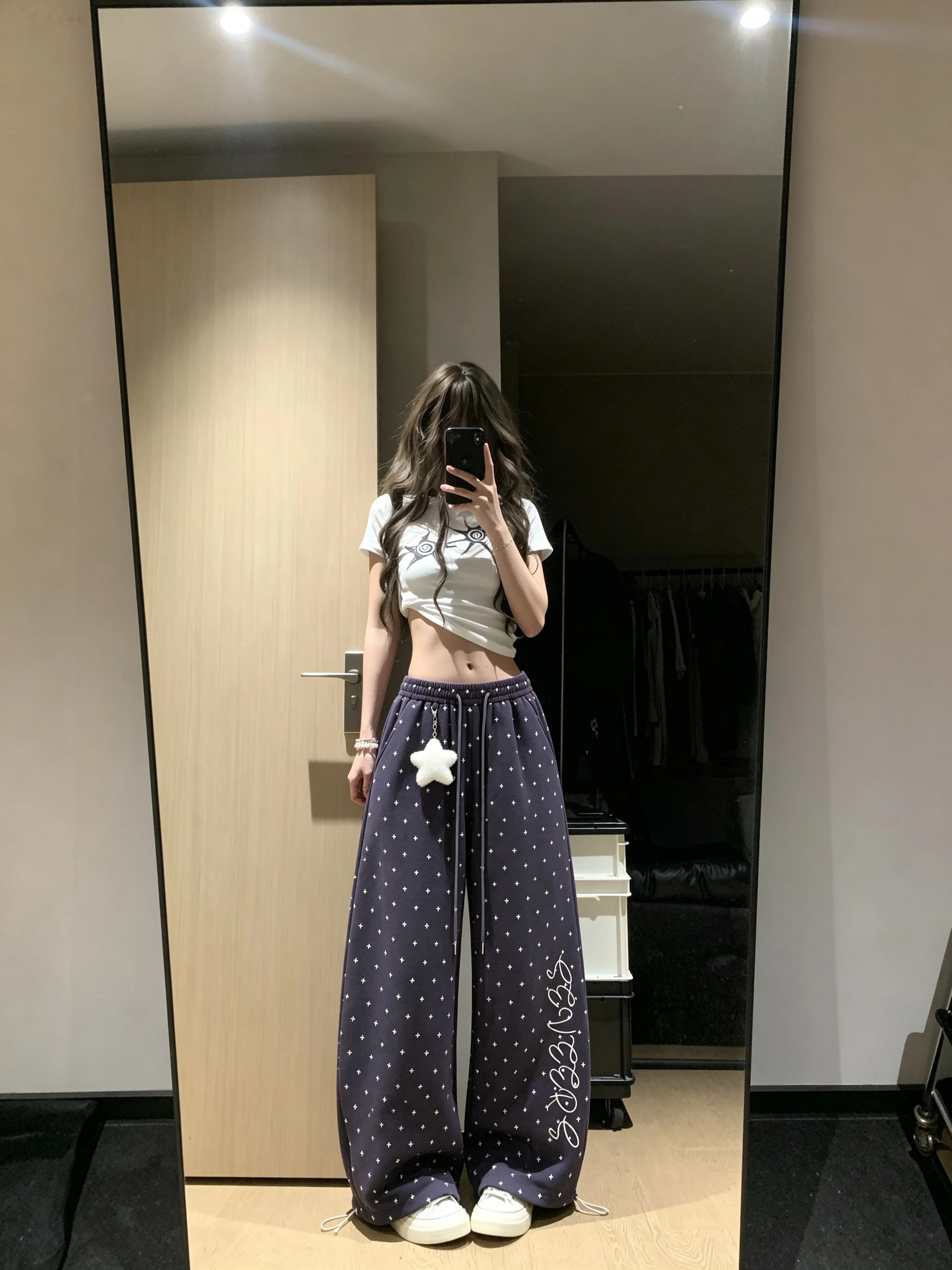 

Blue Star Sports Pants Women's Spring Summer American Retro Sweatpants Wide Leg Casual Jazz Dance Knife Pants High Waist Stra...