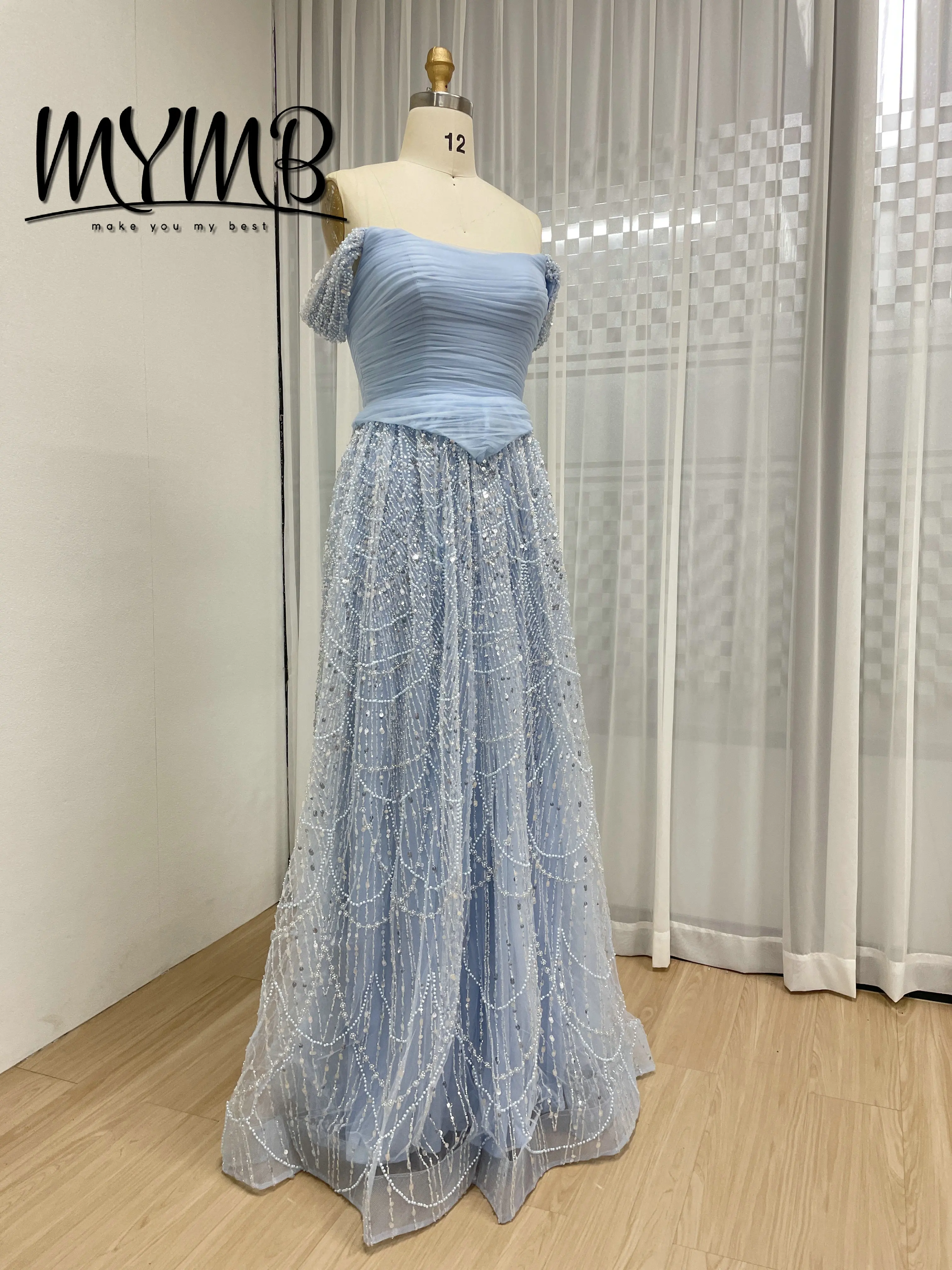MYMB Neuer Stil, verziert mit exquisiten, perlenbesetzten Pailletten, elegantes, schulterfreies Abendkleid in A-Linie für formelle Anlässe MB40432