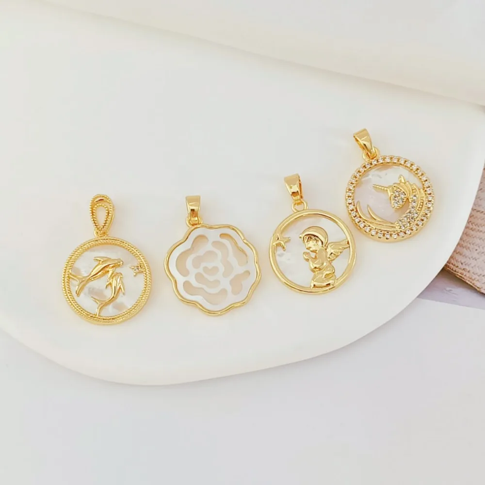 14K Gold-plated, Zirconium-inlaid, Mother-of-pearl, Double Fish, Square and Rectangular Camellia Pendant, DIY Pendant