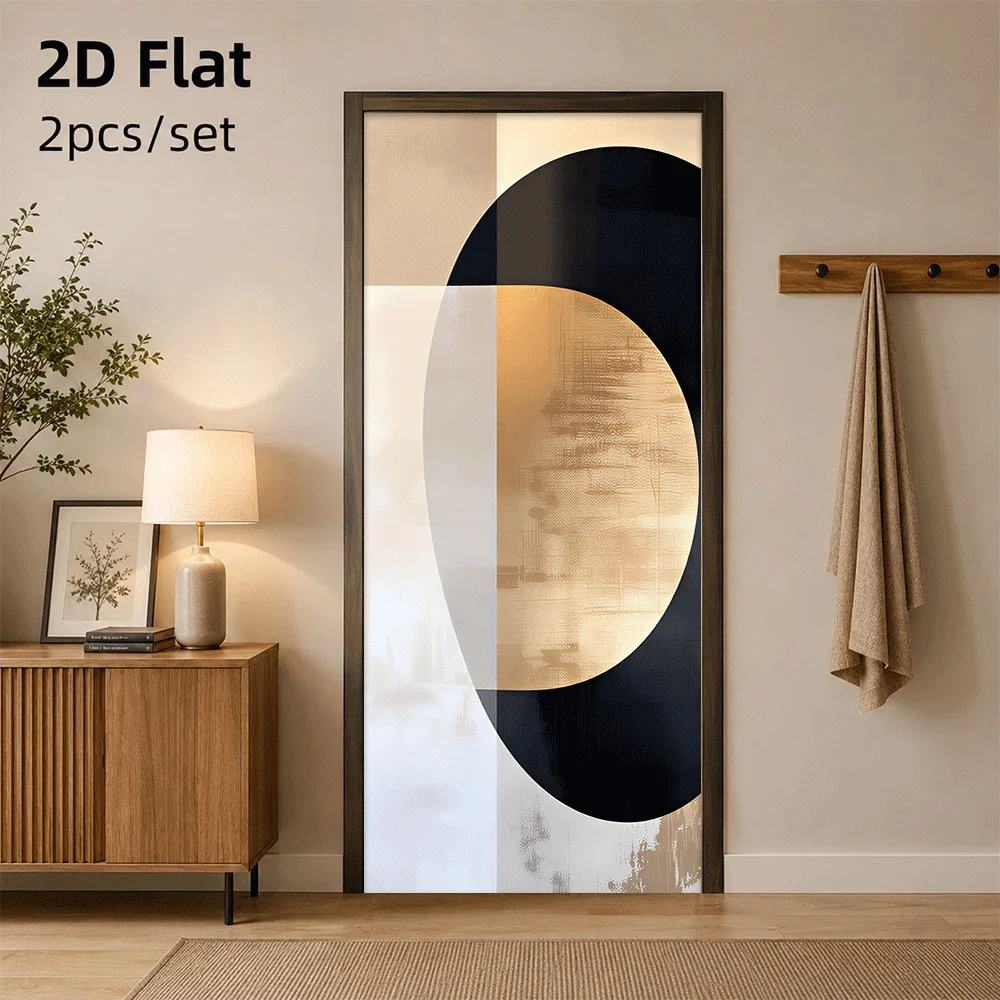 1 piece of modern abstract art door sticker, geometric pattern, black, white, gold, tri color decoration sticker, living room, b