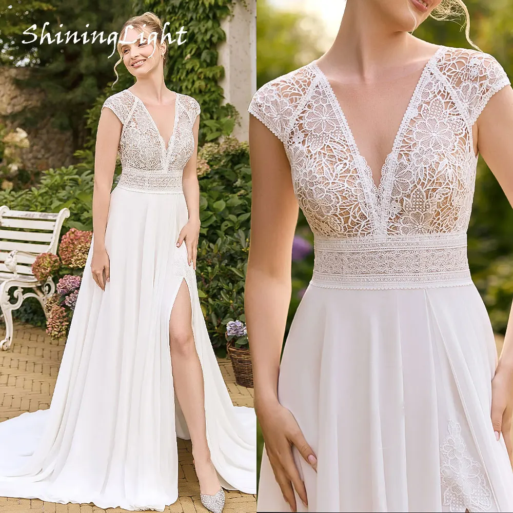 

ShiningLight Bohemian Beach Wedding Dress with Slit Cap Sleeve A-Line Lace Bridal Gown Summer V-neck robe de mariée Customized