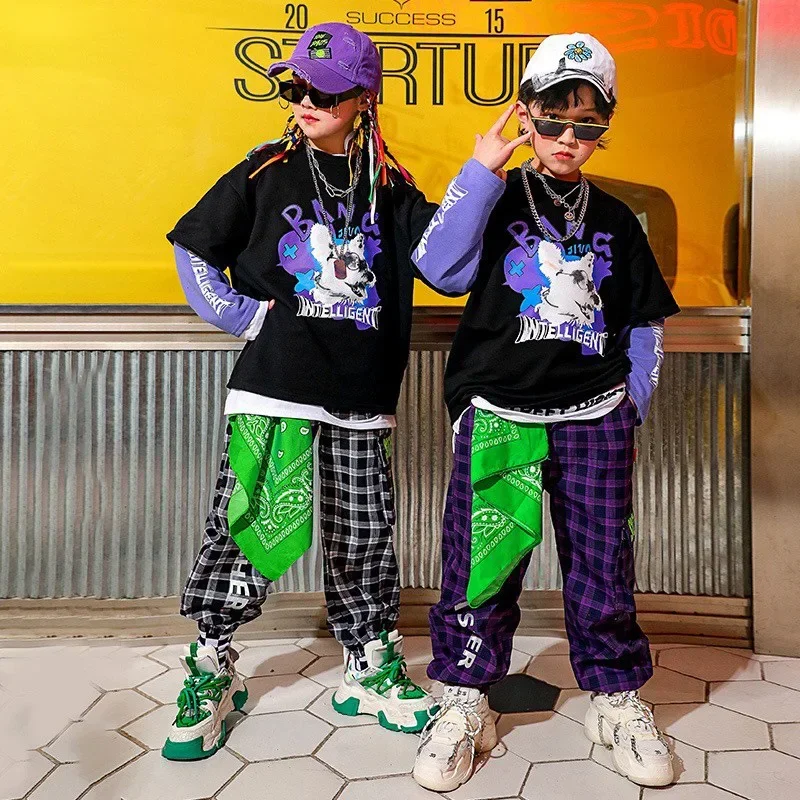 Boys Hip Hop Fake Two Piece Sweatshirt Plaid Cargo Pants Girl Street Dance Cartoons Top Child Streetwear Kids Jazz Clothes Sets