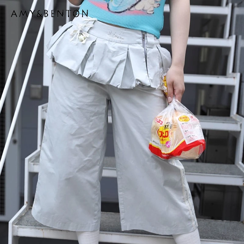 

2025 Summer New Light Gray Cute Puffy Skirt Pants Japanese Original Design Loose Zipper Straight Wide Leg Casual Capris Ladies