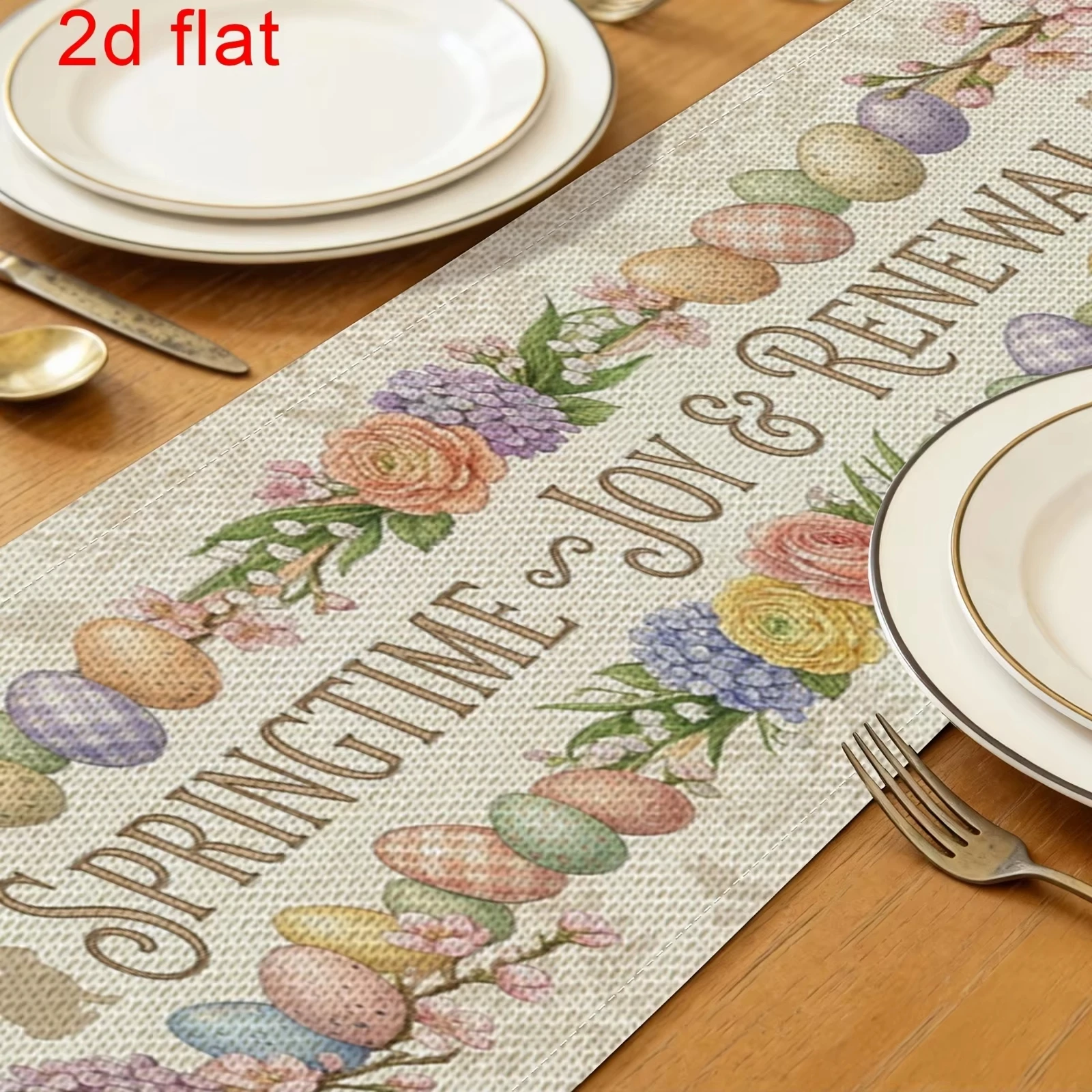 2D Printed Bunny Table Runner Easter Basket, Floral Egg Design Linen for Holiday Party and Dining Celebration