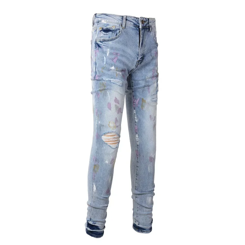 

EU Drip Men's Distressed Jeans Streetwear Slim Fit Stretch Holes Ribs Patches Ripped Graffiti Jeans