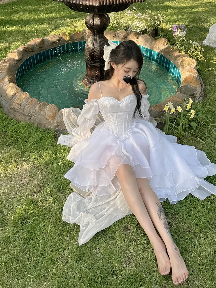 REDDACHiC Princess Trailing Party Gown Women White Floral Embroidery Puff  Sleeves Lace Up Backless Hi-Lo Mini Dress Wedding Gown - AliExpress  200000345