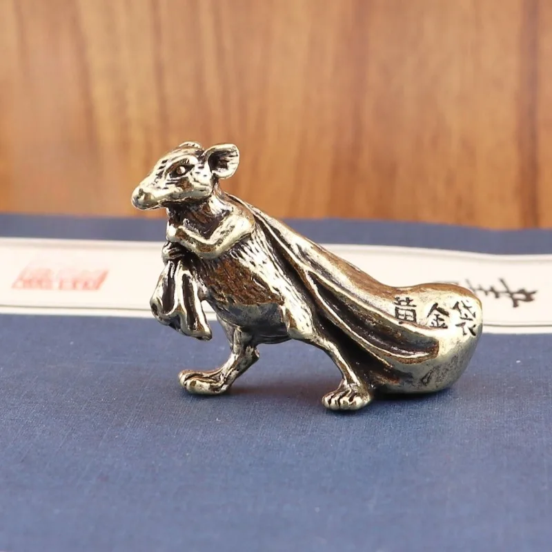 Mini Brass Rat Figurine, Vintage Chinese Zodiac Mouse Statue, Animal Sculpture Desktop Tea Pet Home Decor Ornament
