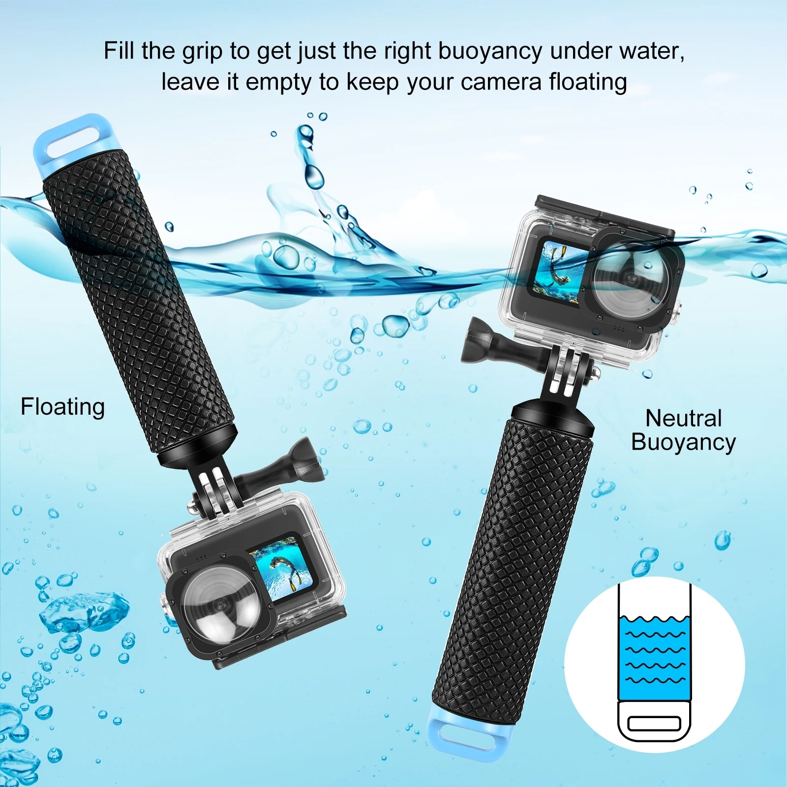 PULUZ PU868B Floating Handle Grip Waterproof Selfie Stick 1/4in&Strap for GoPro Hero 12/11/10/9 Insta360 DJI Osmo Action Camera