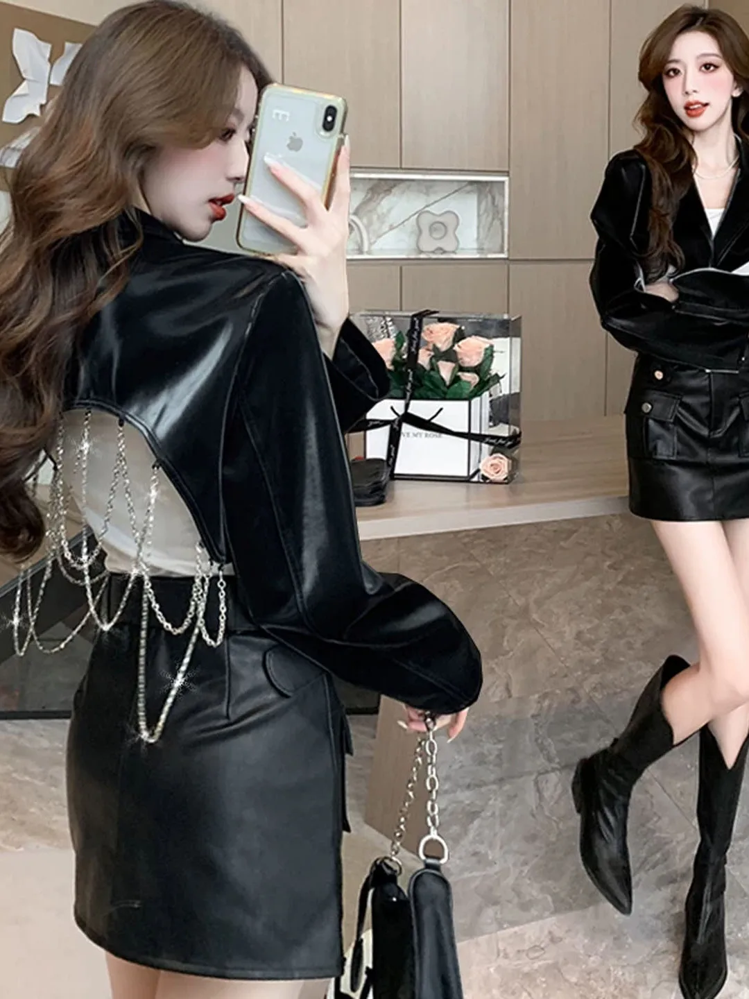 Chic PU Leather Jacket Short Style Women's Fashion Chain Design Suit Collar Coat Spicy Girl Autumn New Arrival Teenage Size