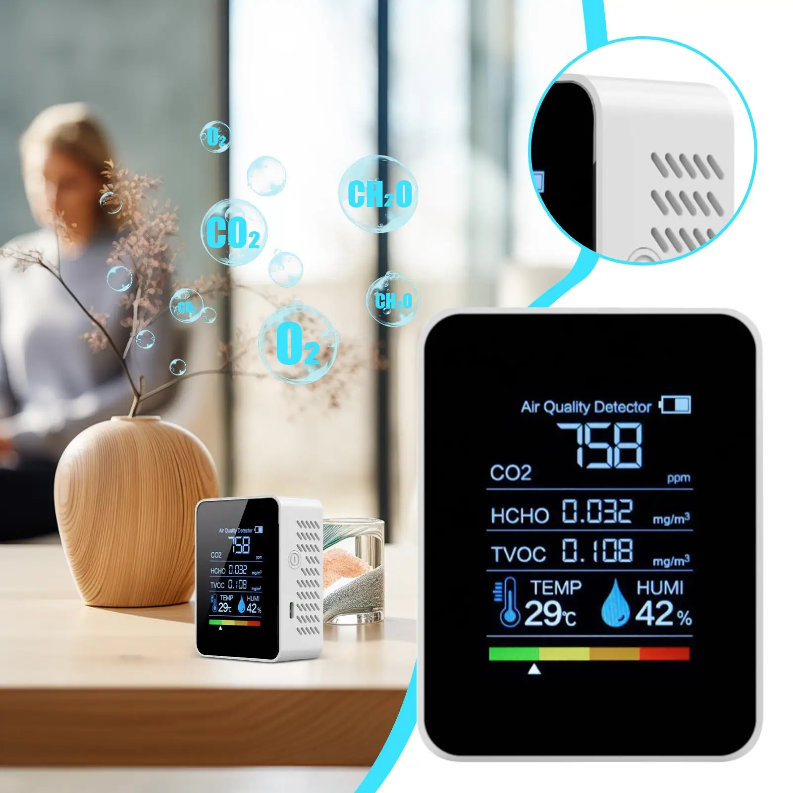 جهاز مراقبة جودة الهواء الجديد 5 في 1، جهاز مراقبة الرطوبة في الأماكن المغلقة، جهاز اختبار درجة الحرارة CO2 TVOC