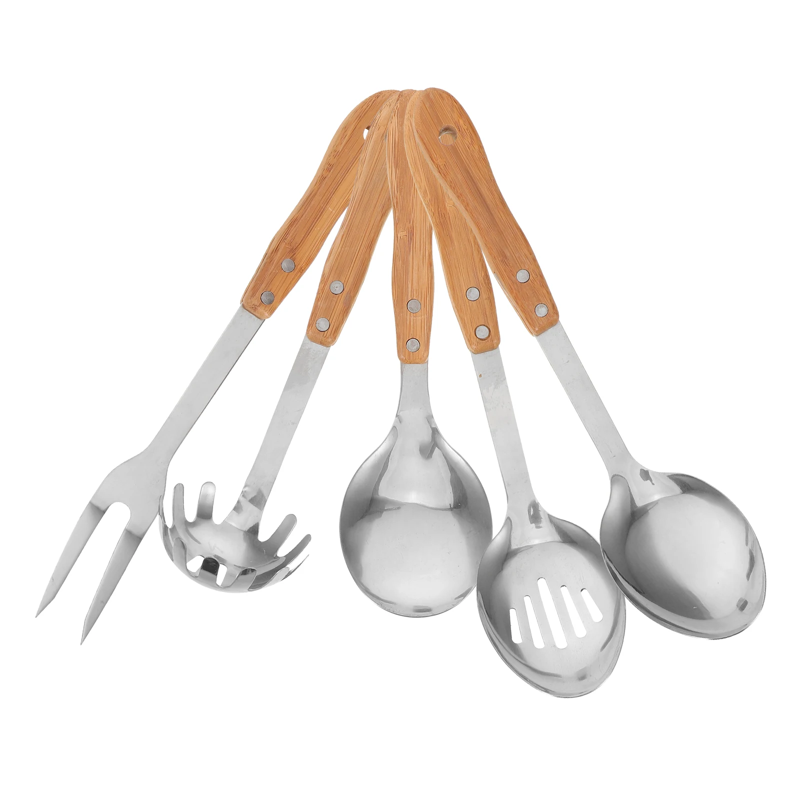 

5pcs Stainless Steel Kitchen Cooking Bamboo Handles Heat Resistant Camp Cookware Tools Kitchen Serving Set Nonstick Camp