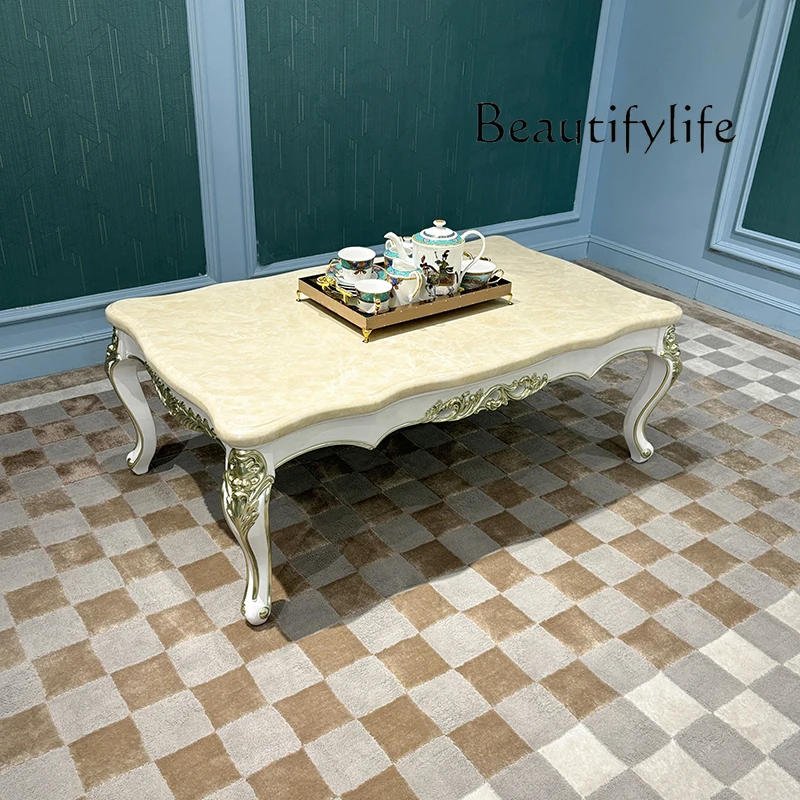 طاولة قهوة كبيرة من الخشب الصلب الفرنسي لغرفة المعيشة الأوروبية طاولة شاي رخامية شقة صغيرة طاولة شاي كلاسيكية جديدة منحوتة