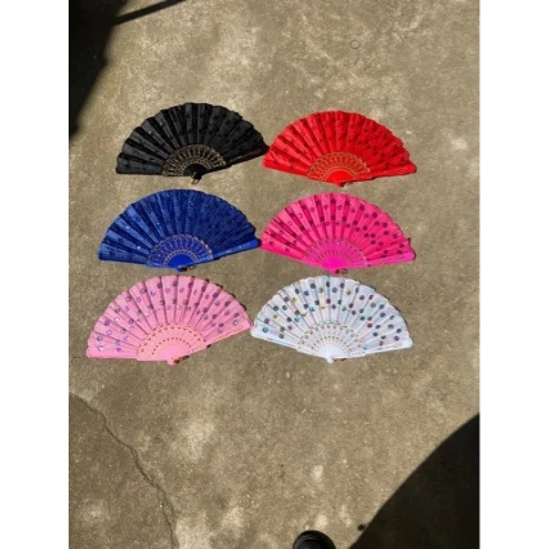 23cmColorful handle folding fan in red, pink, blue, black, white, with gold-stamped plastic , Spanish , embroidered fan