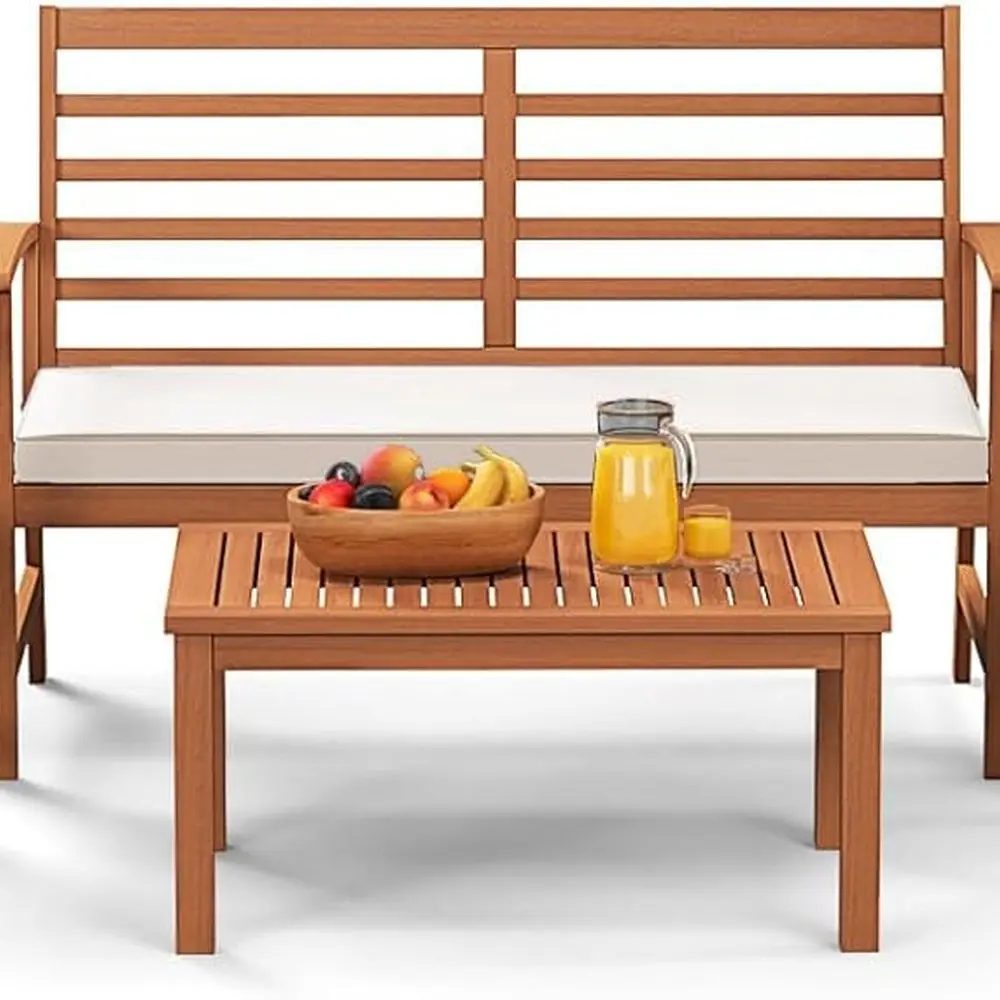 

4 Pieces Outdoor Furniture Set, Acacia Wood Conversation Set with Soft Seat Cushions, Stable Acacia Wood Frame, Patio Sofa & Cof