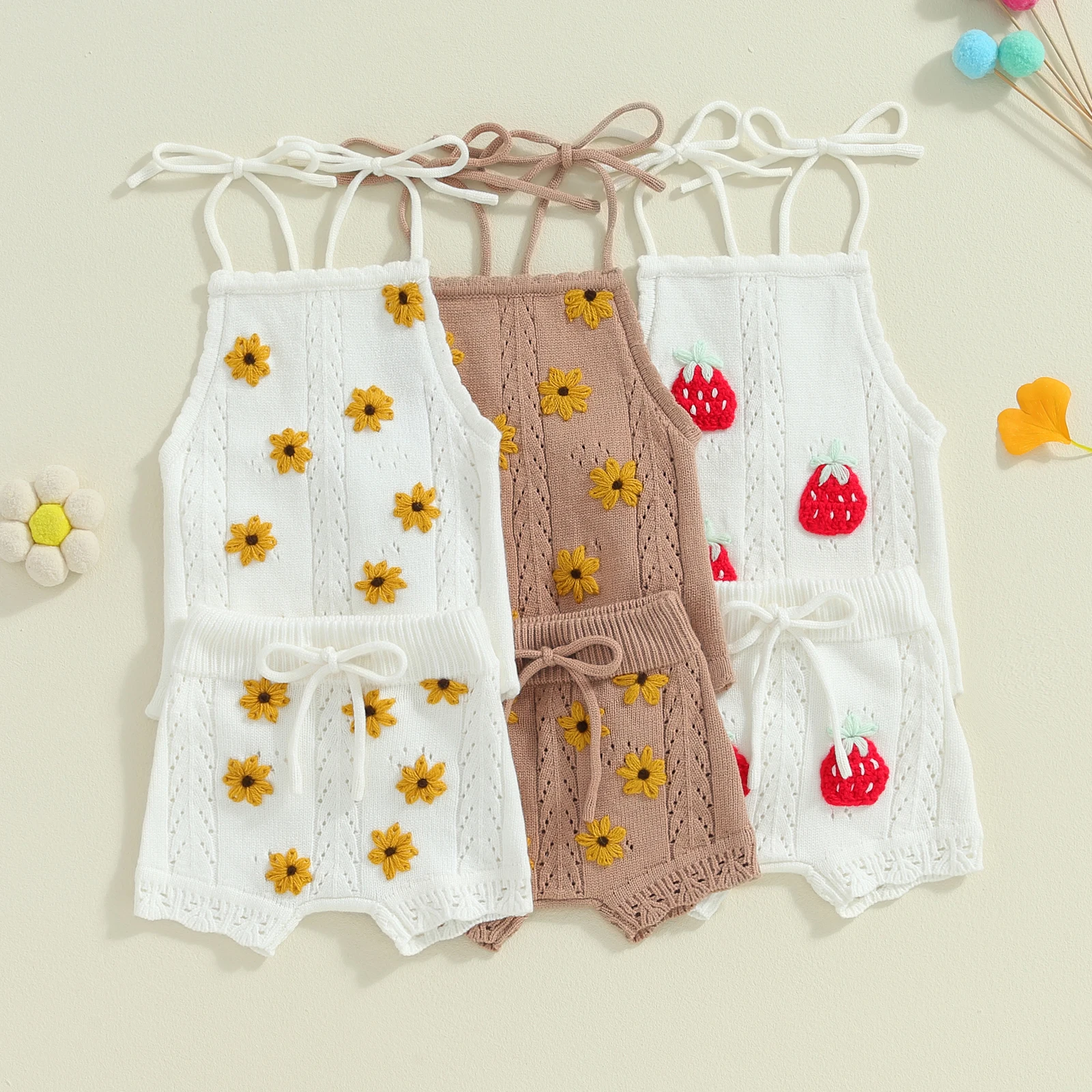 

Baby Girl Summer Knitwear Outfits Daisy/Strawberry Embroidery Sleeveless Tie-Up Spaghetti Strap Knit Romper Shorts 2Pcs Clothes