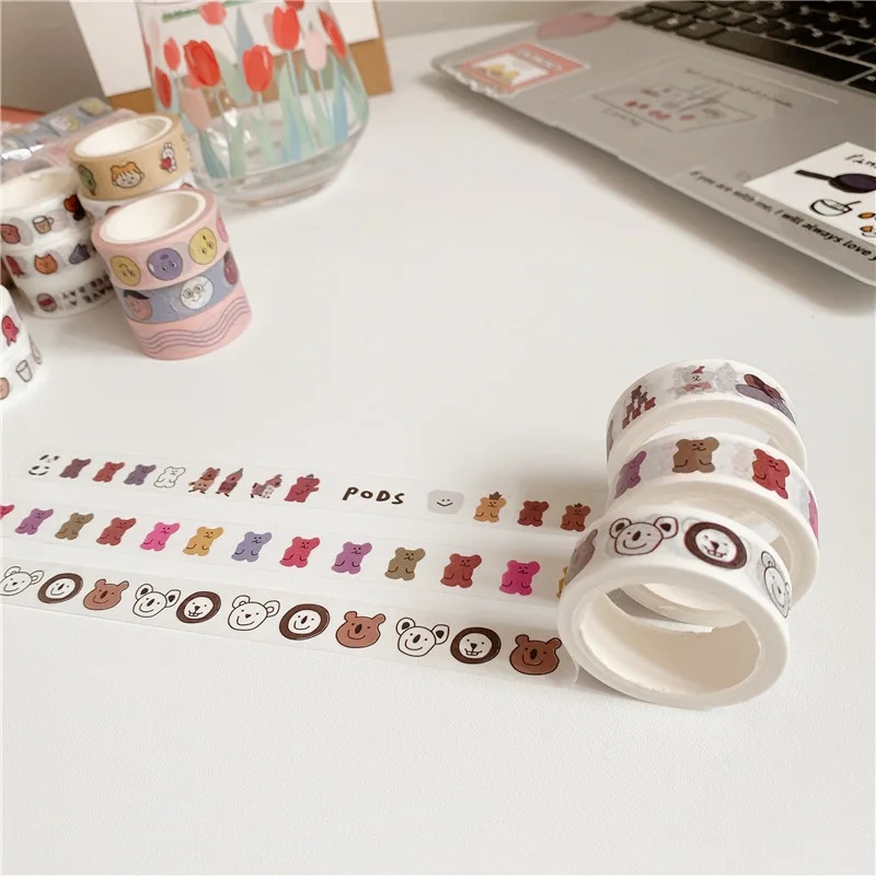 ins Korea cartoon bear little girl and paper tape hand account stickers sealed stickers simple series stationery