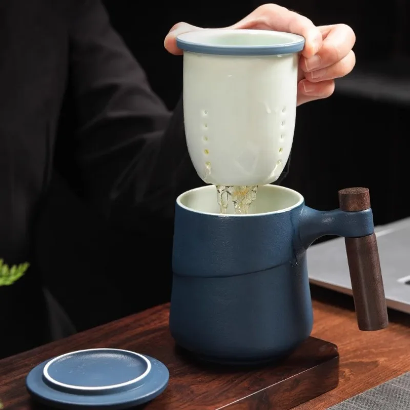 Black Ceramic Cup Wooden Handle Filter Tea Cup Ceramic Mug Creative Office Retro Water Cups and Mugs China Set Birthday Gift Box