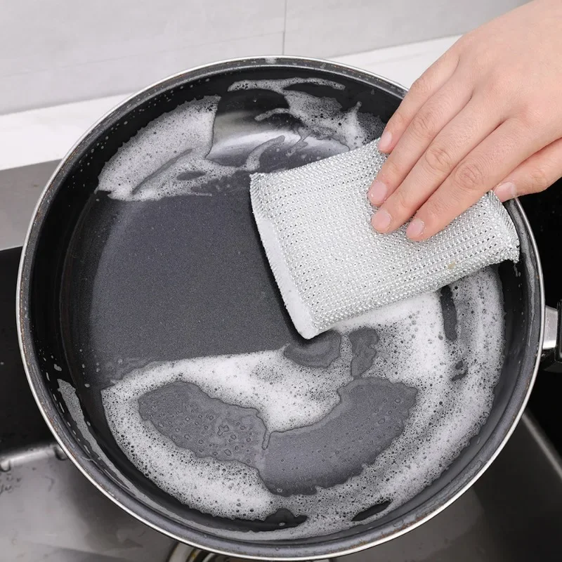 4/24PCS Double Sided Dishwashing Sponge Thickened Silver Wire Cleaning Rags Pan Pot Dish Scouring Cloth Household Kitchen Tools